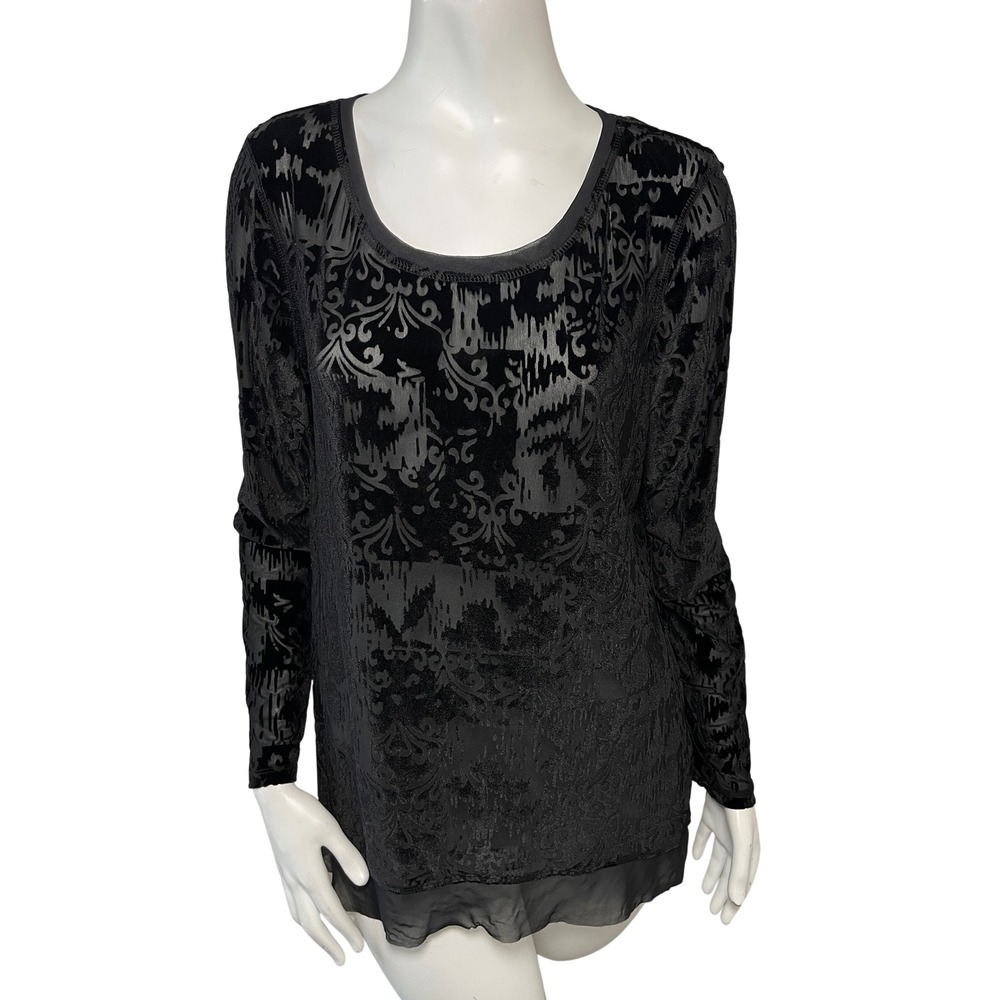 Black Burnout Velvet Long Sleeve Sheer Top L Whimsigoth Fairycore Grunge Goth